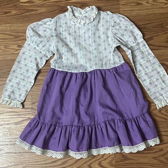 Vintage 60s Youngland Dress 10 Purple Floral Ruffle Mutton Sleeve Union USA Made - Picture 2 of 7